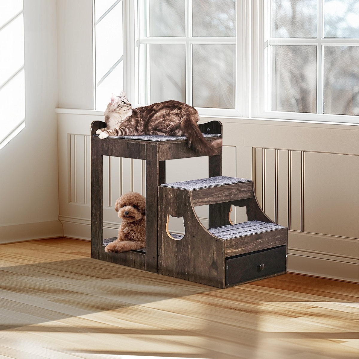 Cama VEVOR junto a una ventana con un gato en el nivel superior