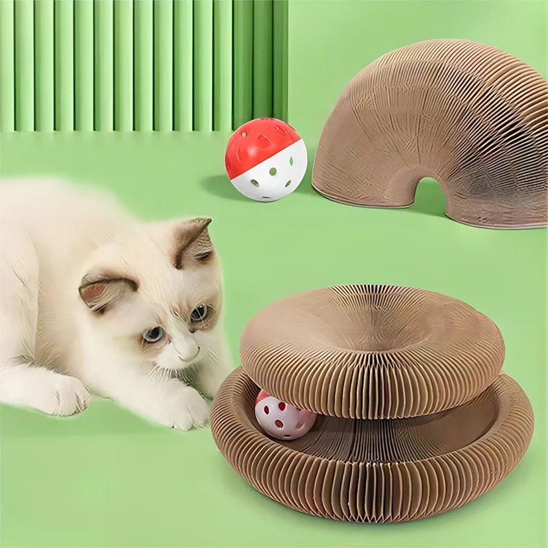 Rascador plegable de cartón para gatos con pelota