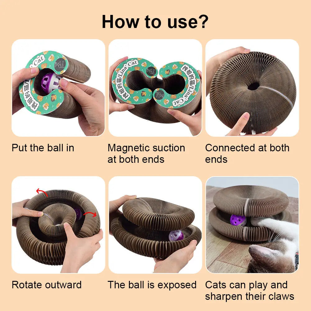 Rascador plegable de cartón para gatos con pelota