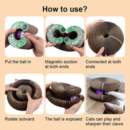 Rascador plegable de cartón para gatos con pelota