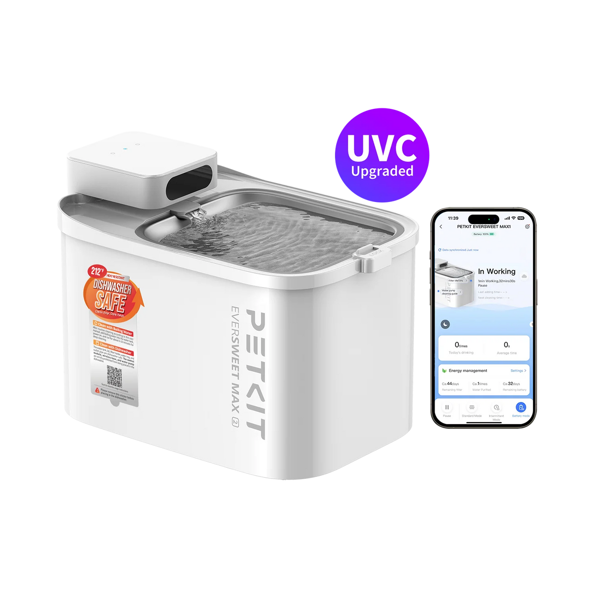 Fuente PETKIT EverSweet Max 2 UVC — 3 L y bandeja inox
