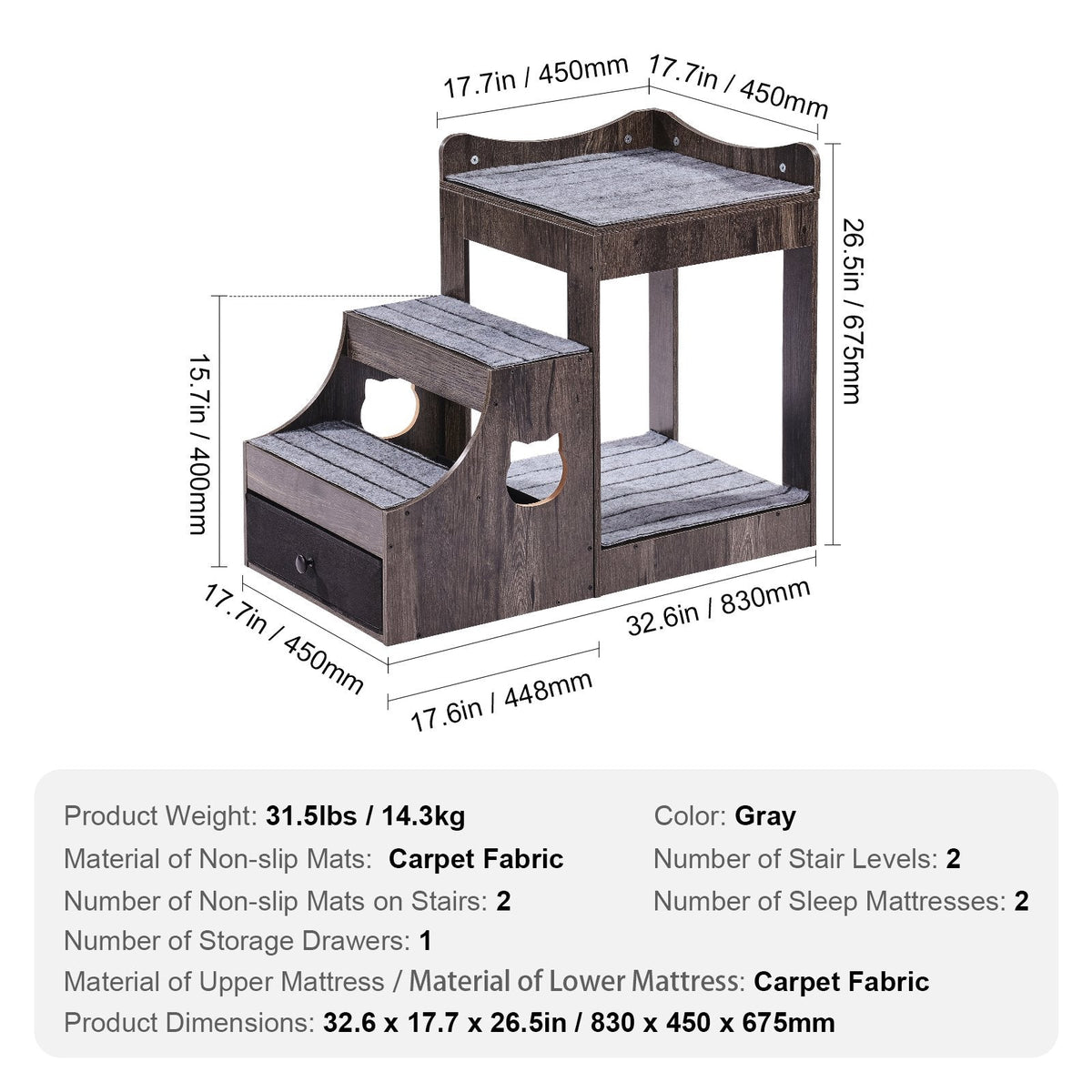 Medidas de la cama elevada VEVOR: 83 × 45 × 67,5 cm